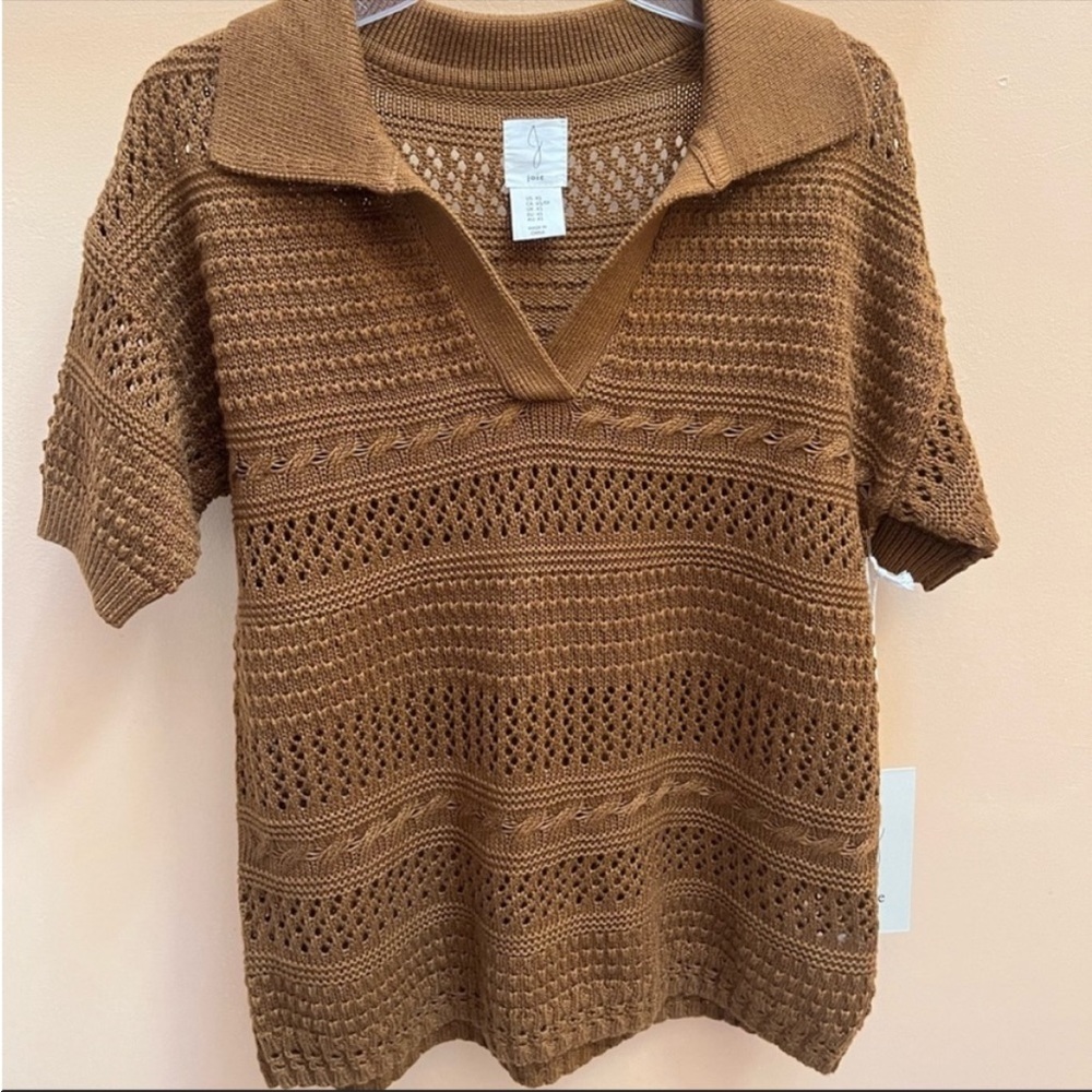 Joie Brown Crochet-Knit V-Neck Sweater
